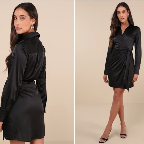 LULU's Sexy Chic Holiday Wedding Romantic Elegant Long Sleeve Satin Wrap Dress - Picture 1 of 5